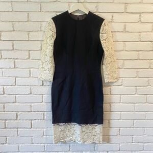 NEW Nha Khanh Black Cream Long Sleeve Lace Trim Sheath Dress Women’s Size 4
